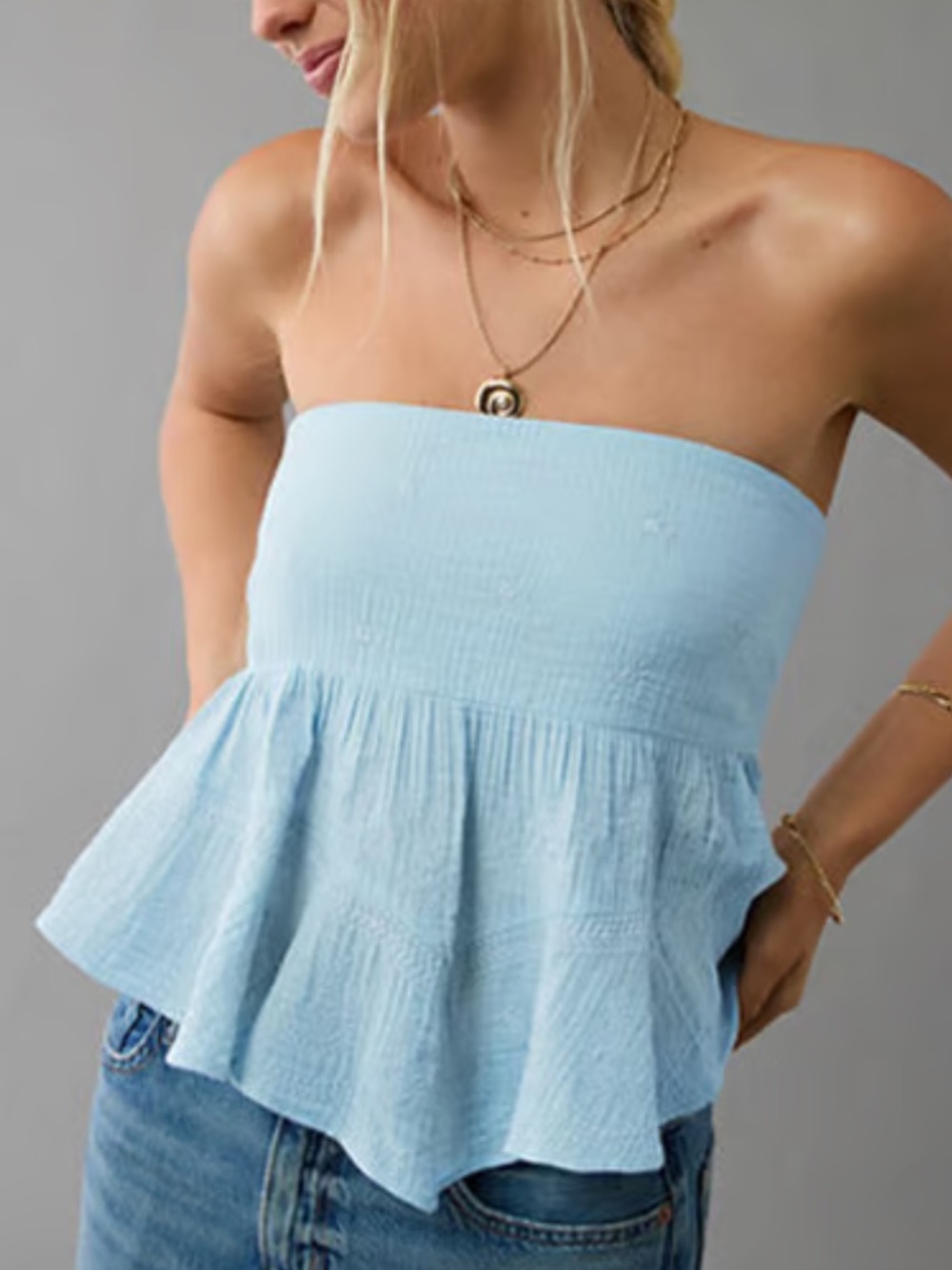 American Eagle Women M Blue Gauze Boho Festival Embroidered Babydoll Tube Top